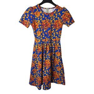 LuLaRoe Amelia Fit & Flare Dress Size S Midi Abstract Floral Blue Yellow Red